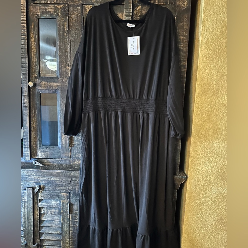 NWT Lularoe Evelyn Smocked Waist Maxi Dress 3XL Long Sleeve w/pockets Dark Brown - Picture 2 of 4